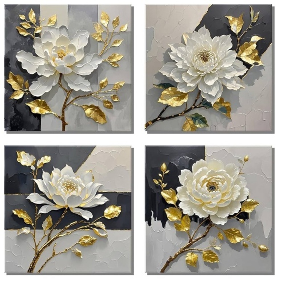 Floral Canvas Wall Art Set with Gold Accents